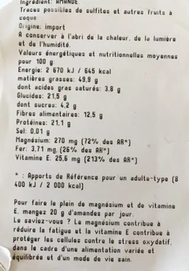 Amandes décortiquées ingredients label