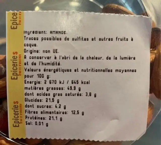 Amandes décortiquées nutrition facts table