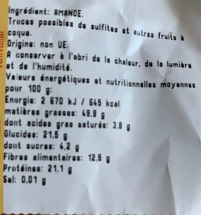 Amandes décortiquées nutrition facts table