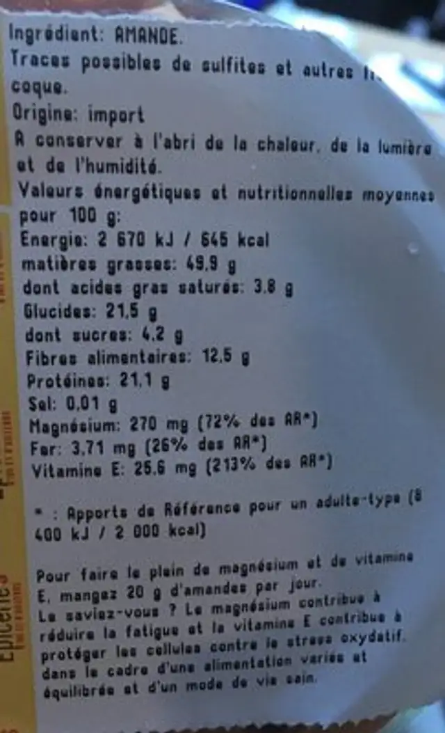 Amandes décortiquées ingredients label