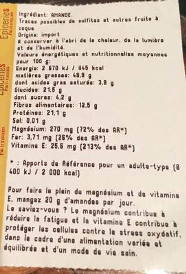 Amandes décortiquées ingredients label