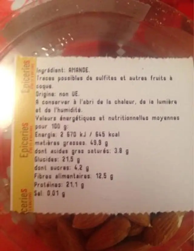 Amande ingredients label