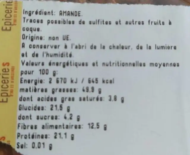 Amande nutrition facts table