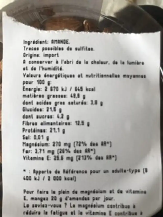 Amandes ingredients label