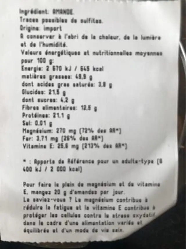 Amandes nutrition facts table