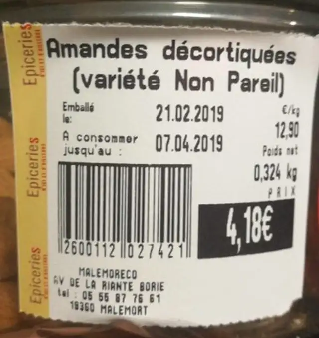 Amandes décortiqués (variété Non Pareil) ingredients label