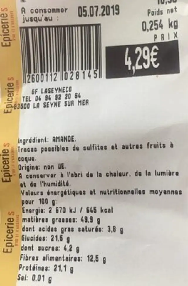 Amandes decortiquées ingredients label