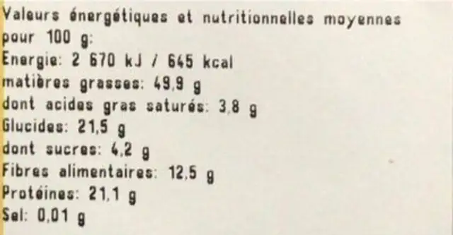 Amandes decortiquées nutrition facts table