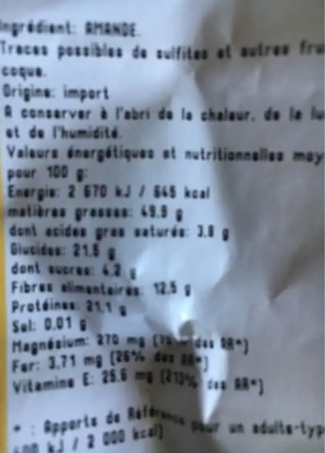 Amandes decortiquees ingredients label