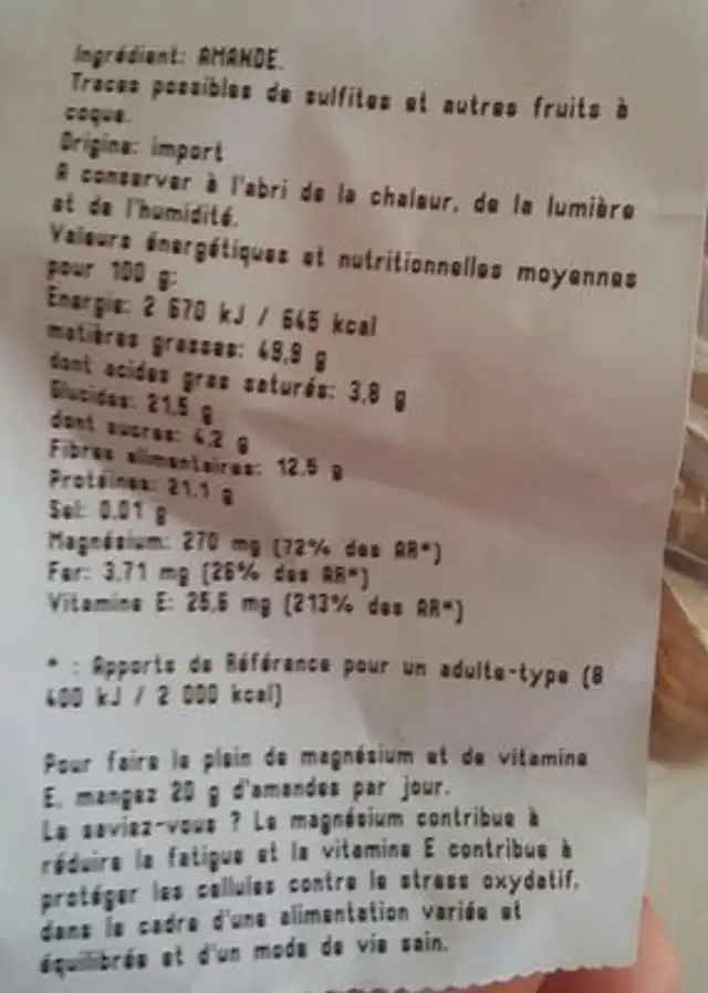 Amandes décortiquées ingredients label