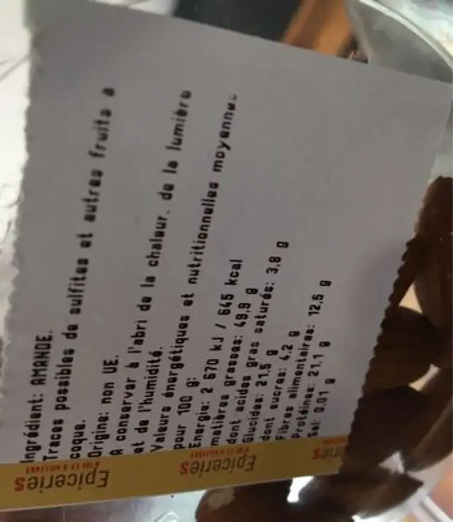 Amande ingredients label