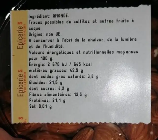 Amandes decortiquees nutrition facts table