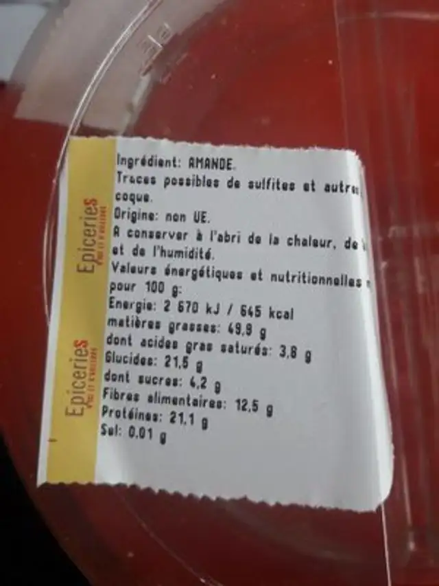 Amandes décortiquées ingredients label