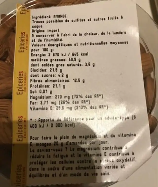 Amande ingredients label