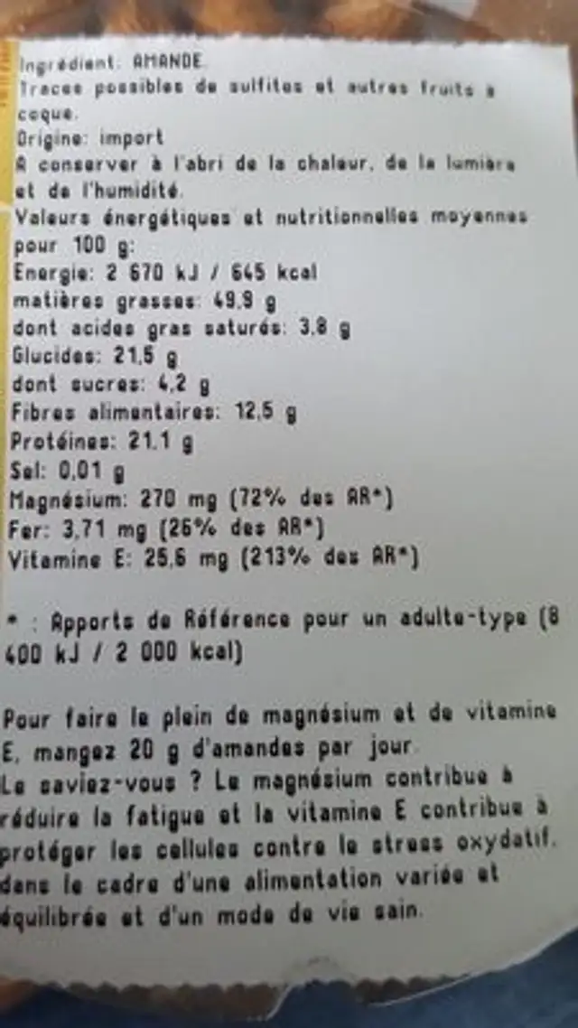 Amandes ingredients label