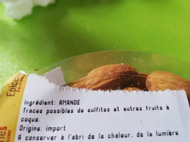 Amandes ingredients label