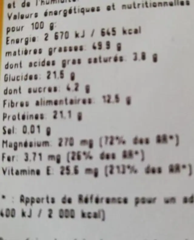 Amandes nutrition facts table