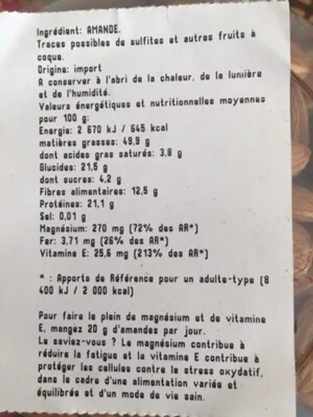Amandes decortiquees ingredients label