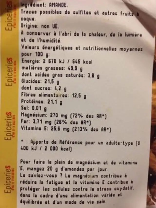 Amandes decortiquees ingredients label