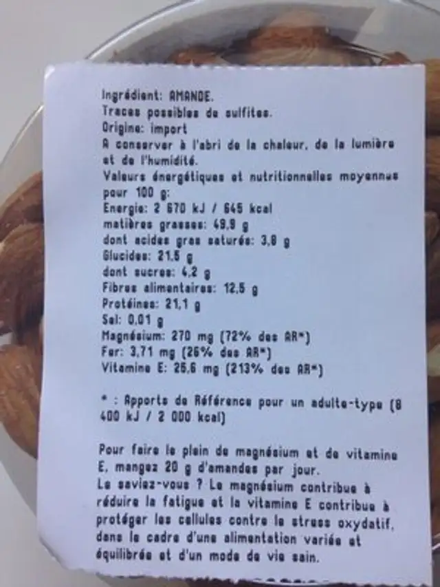 Amande décortiquées ingredients label