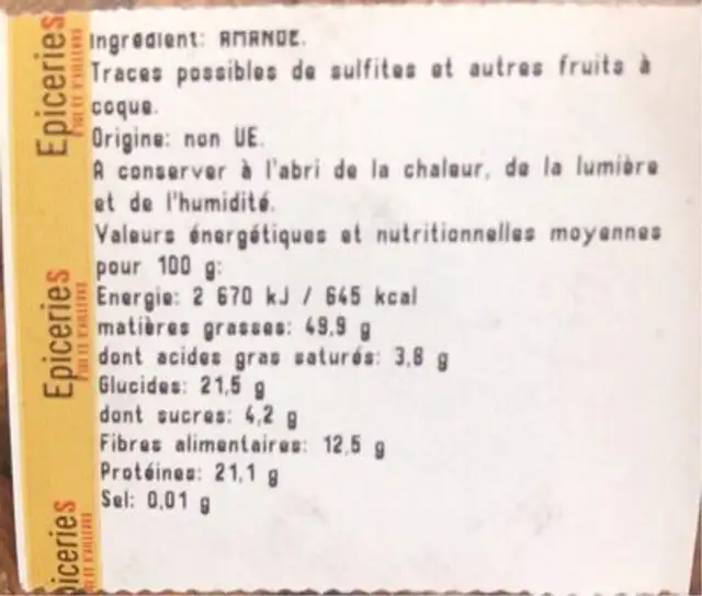 Amande décortiquées nutrition facts table
