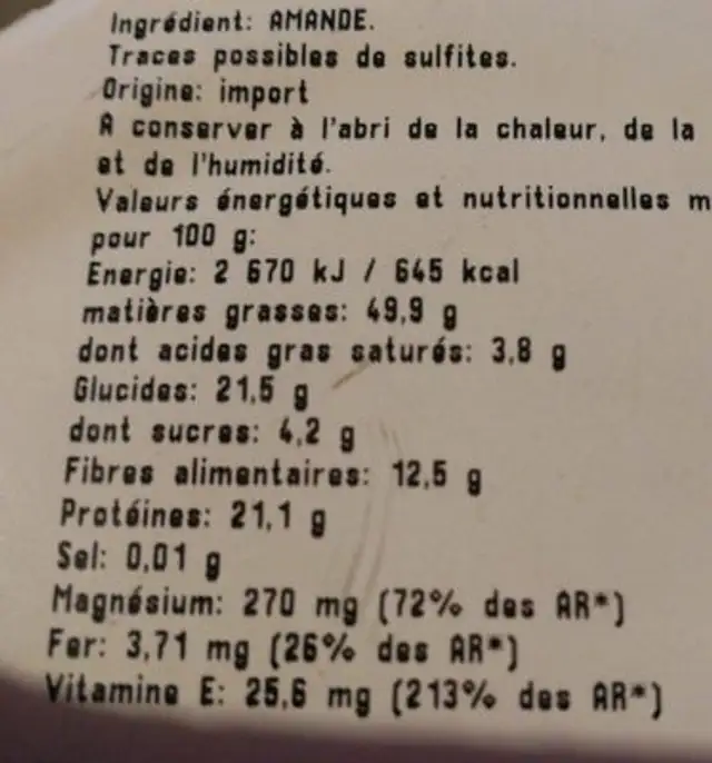 Amandes décortiquées ingredients label