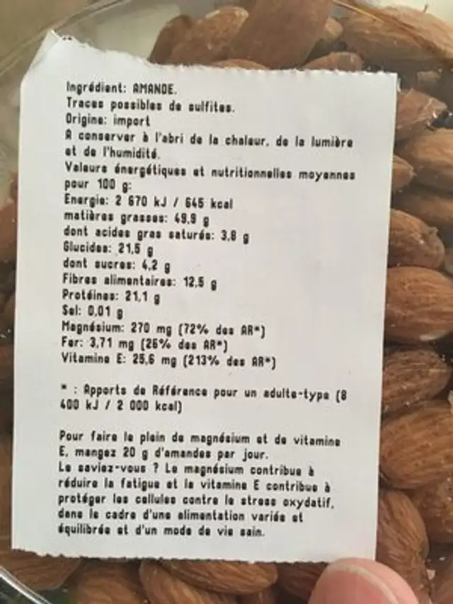 Amandes decortiquees ingredients label
