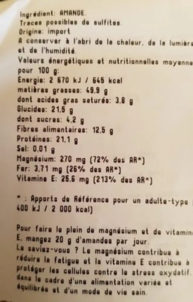 Amandes crues ingredients label