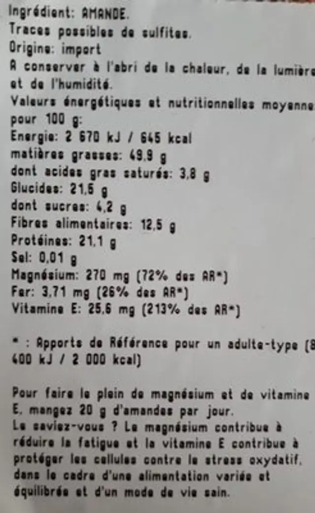 Amandes décortiquées ingredients label