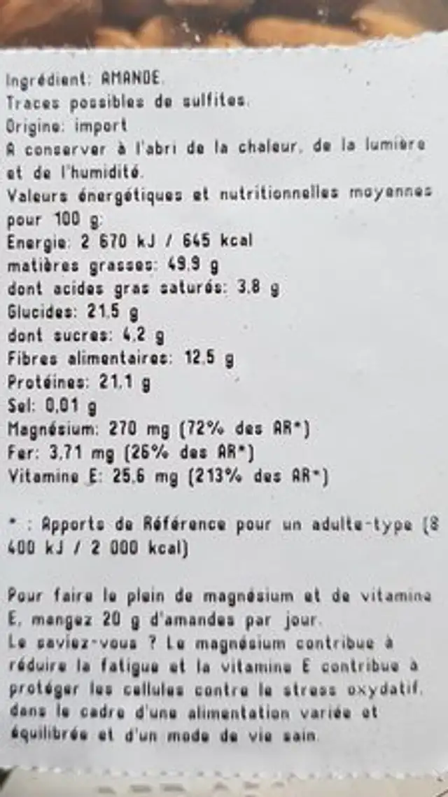 Amandes décortiquées ingredients label