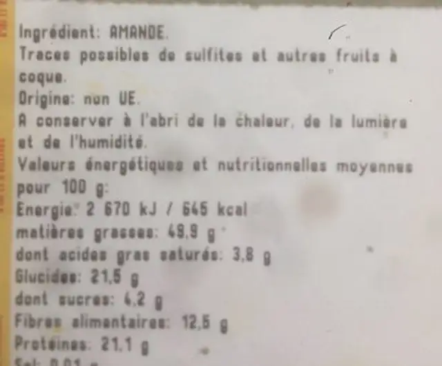 Amendes decortiques ingredients label