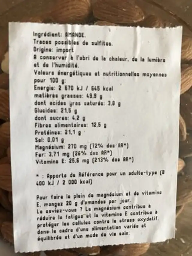 Amande decortiquées ingredients label