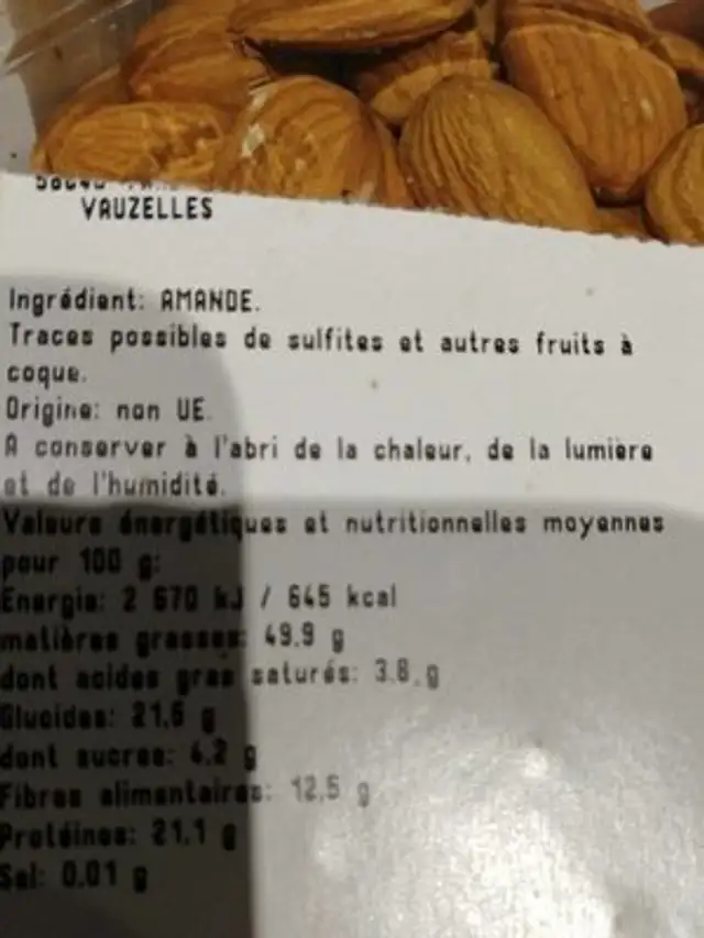 Amandes décortiquées ingredients label