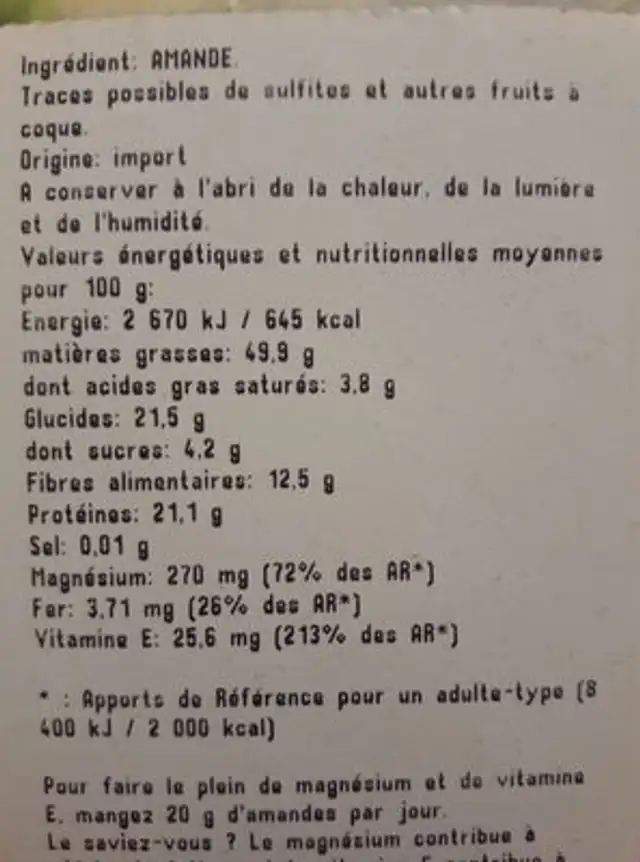 Amandes décortiquées ingredients label