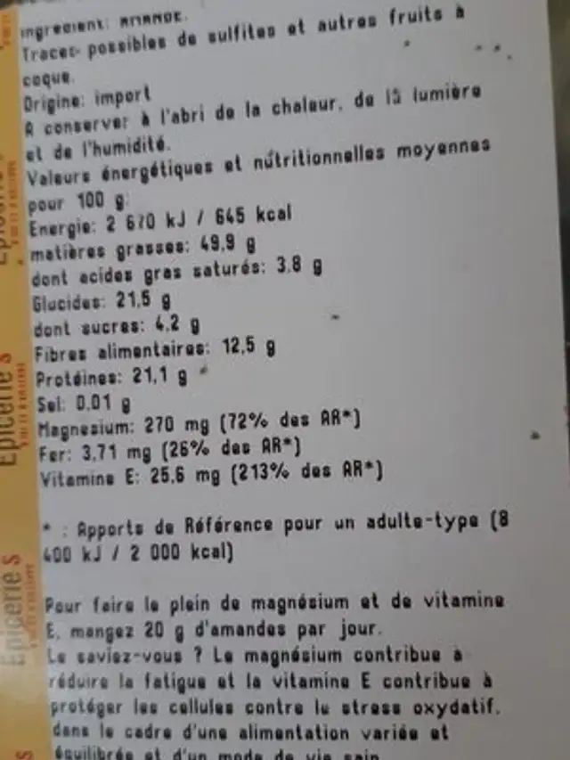 Amande décortique ingredients label
