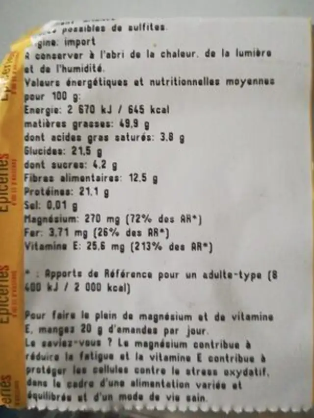 Amandes décortiquées ingredients label