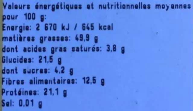 Amandes Décortiquées nutrition facts table