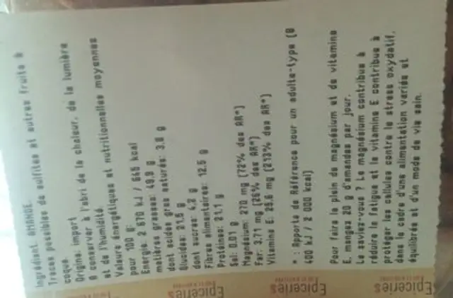 Amandes ingredients label