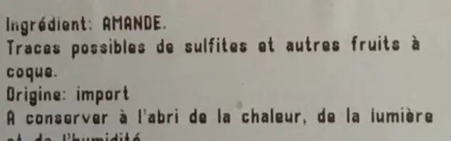 Amandes decortiquées ingredients label