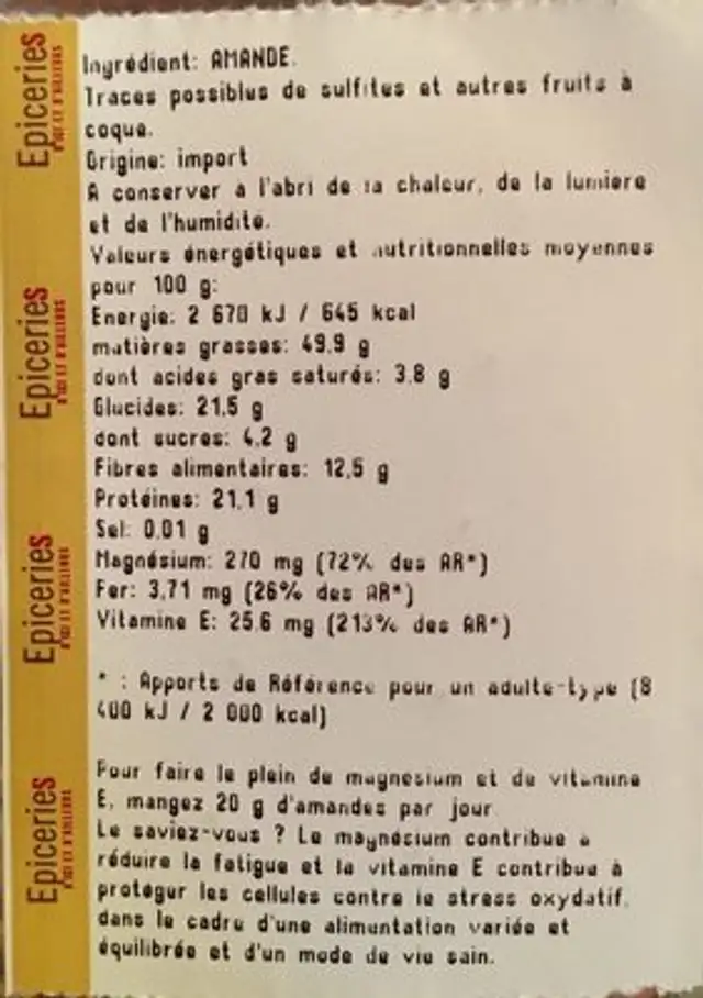 Amandes decortiquées ingredients label