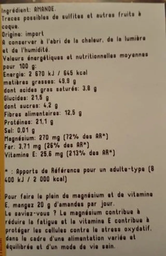 Amandes décortiquées ingredients label