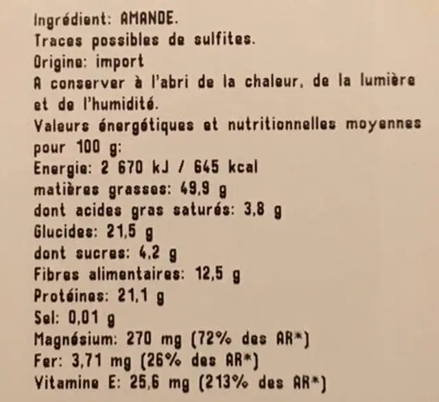 Amande decortiquées ingredients label
