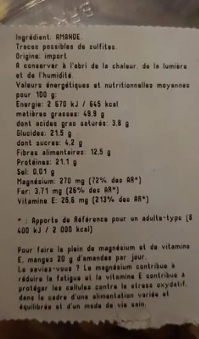 Amande ingredients label