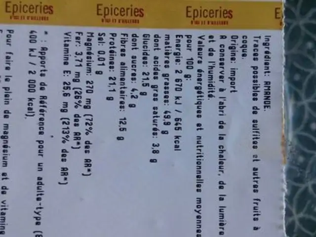 Amandes ingredients label