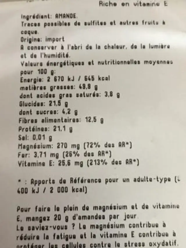 Amandes décortiquées ingredients label