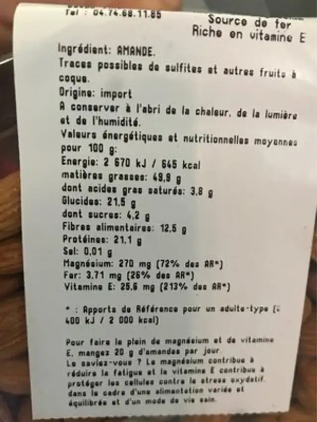 Amandes décortiquées nutrition facts table
