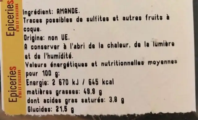 Amandes décortiqués ingredients label