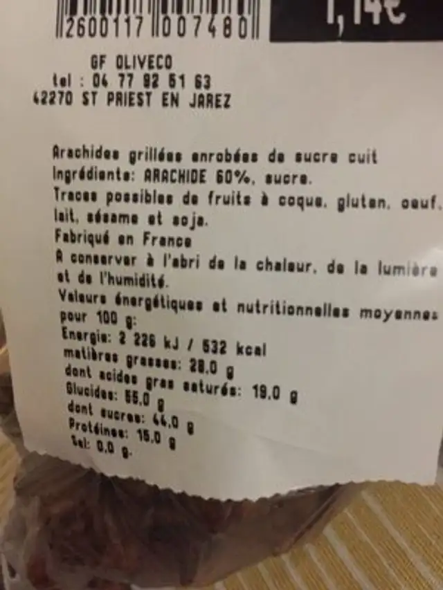 Arachides grillees enrobees de sucre cuit ingredients label