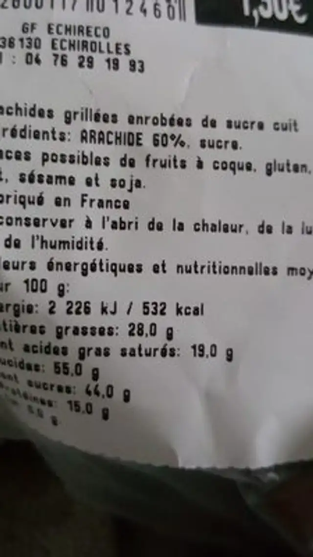 Arachide grillees ingredients label