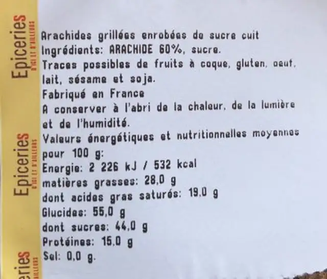 Arachides grillées enrobées de sucre cuit ingredients label